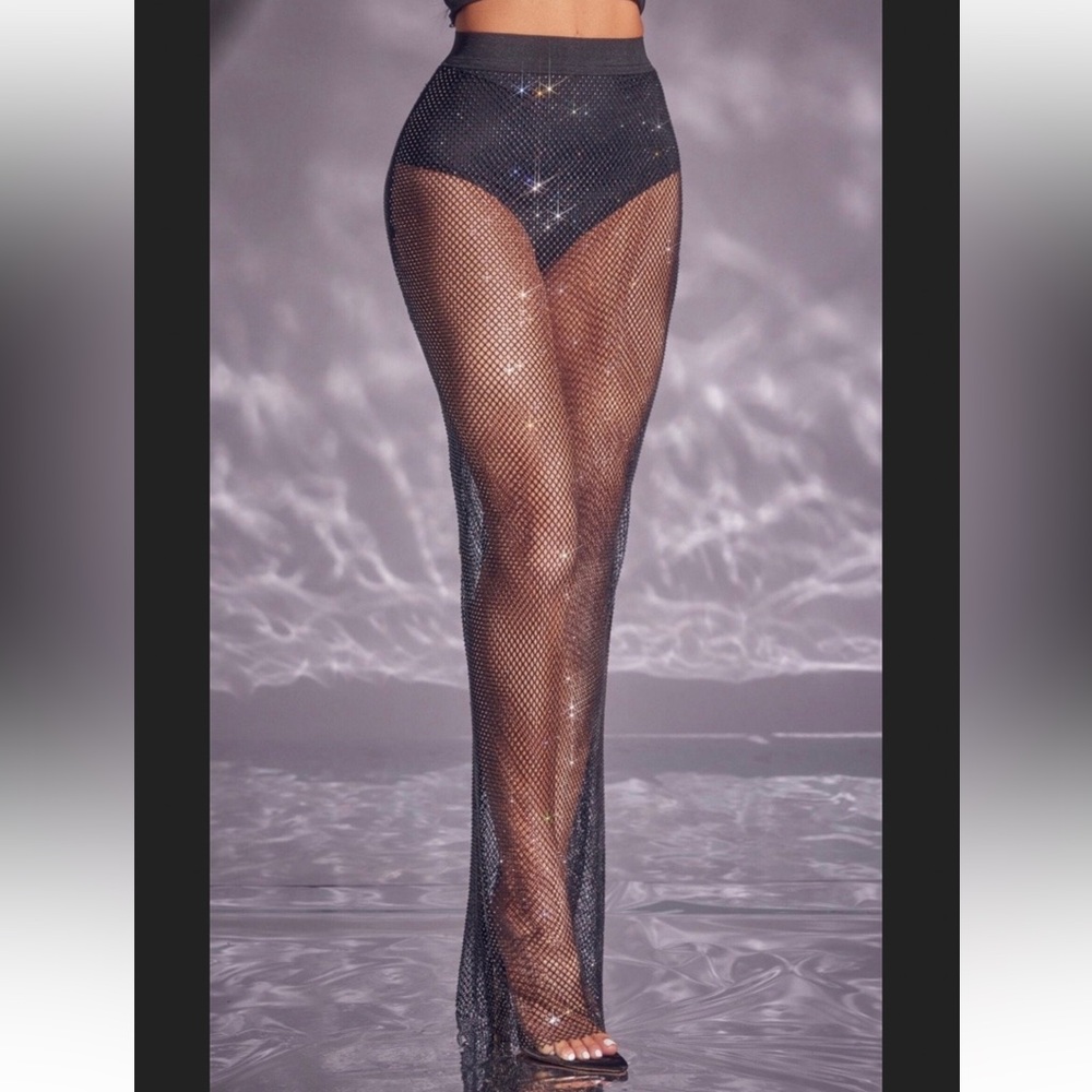 Black Diamonte Rhinestone Mesh Maxi Skirt with attached Panties - NWT